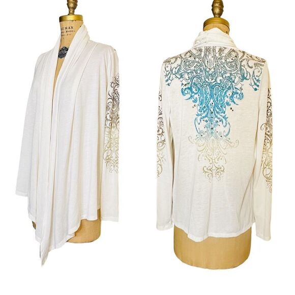 Cream and Turquoise studded Almost Famous Open Cardigan - Picture 1 of 9